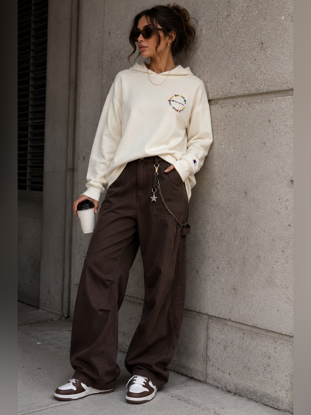Champion 2XL Cream Floral Embroidered Oversized Raw Hem Hoodie
